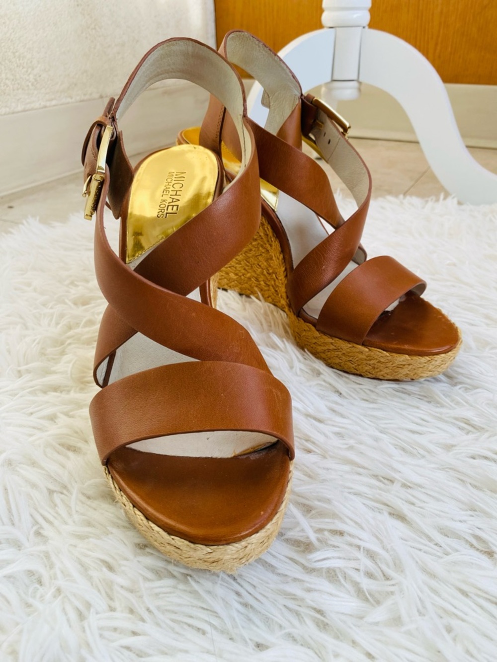 Michael Kors Wedge Sandals 9.5 Cognac Leather Espadrille Platform - Picture 10 of 10